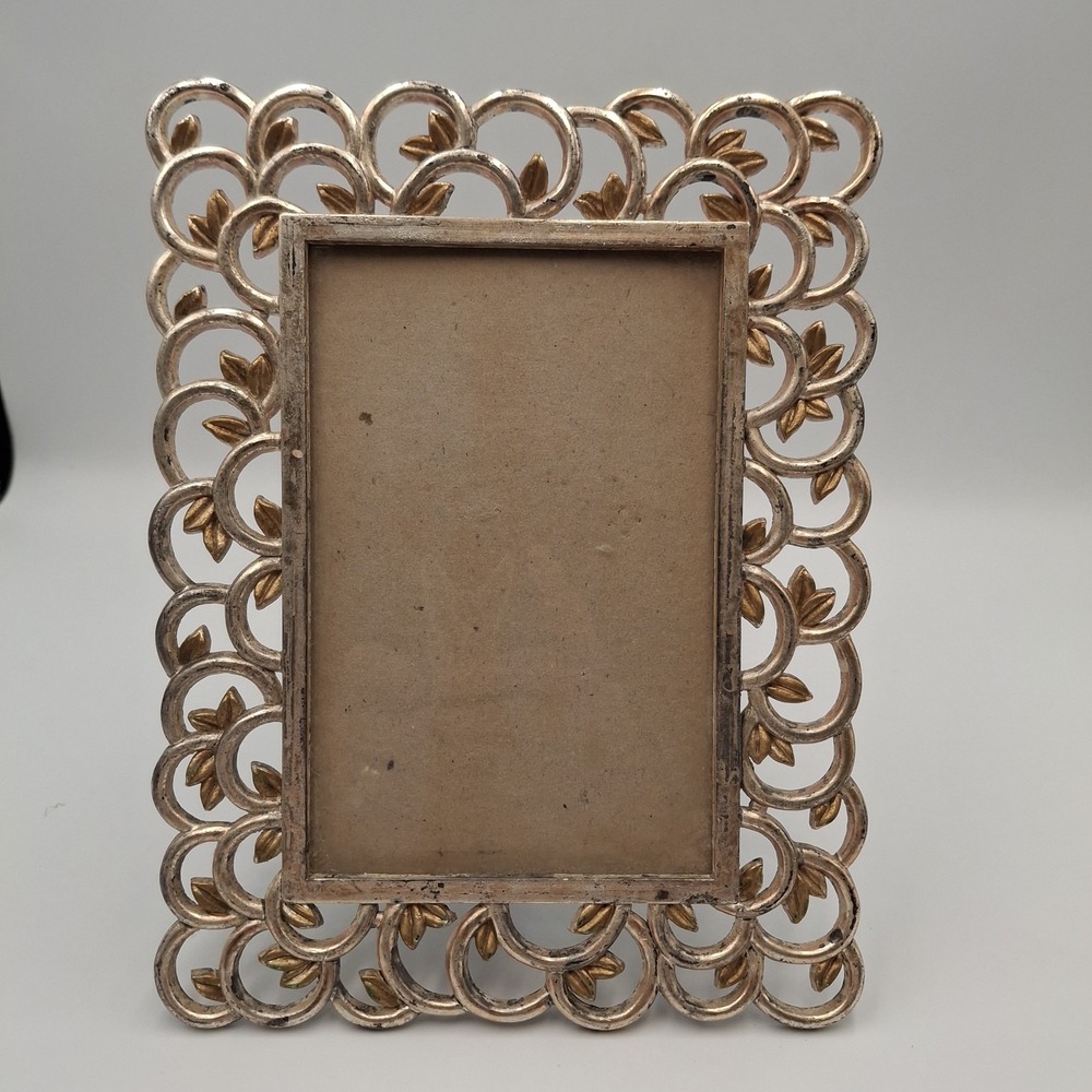 Vintage 1996 Elsa L Inc Picture Frame Silver Gold Leaf Filigree Scroll 3.5x5